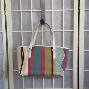 Fossil 90 Y2K Pastel Stripe Canvas Leather Purse Leather Strap Shoulder Bag Tote